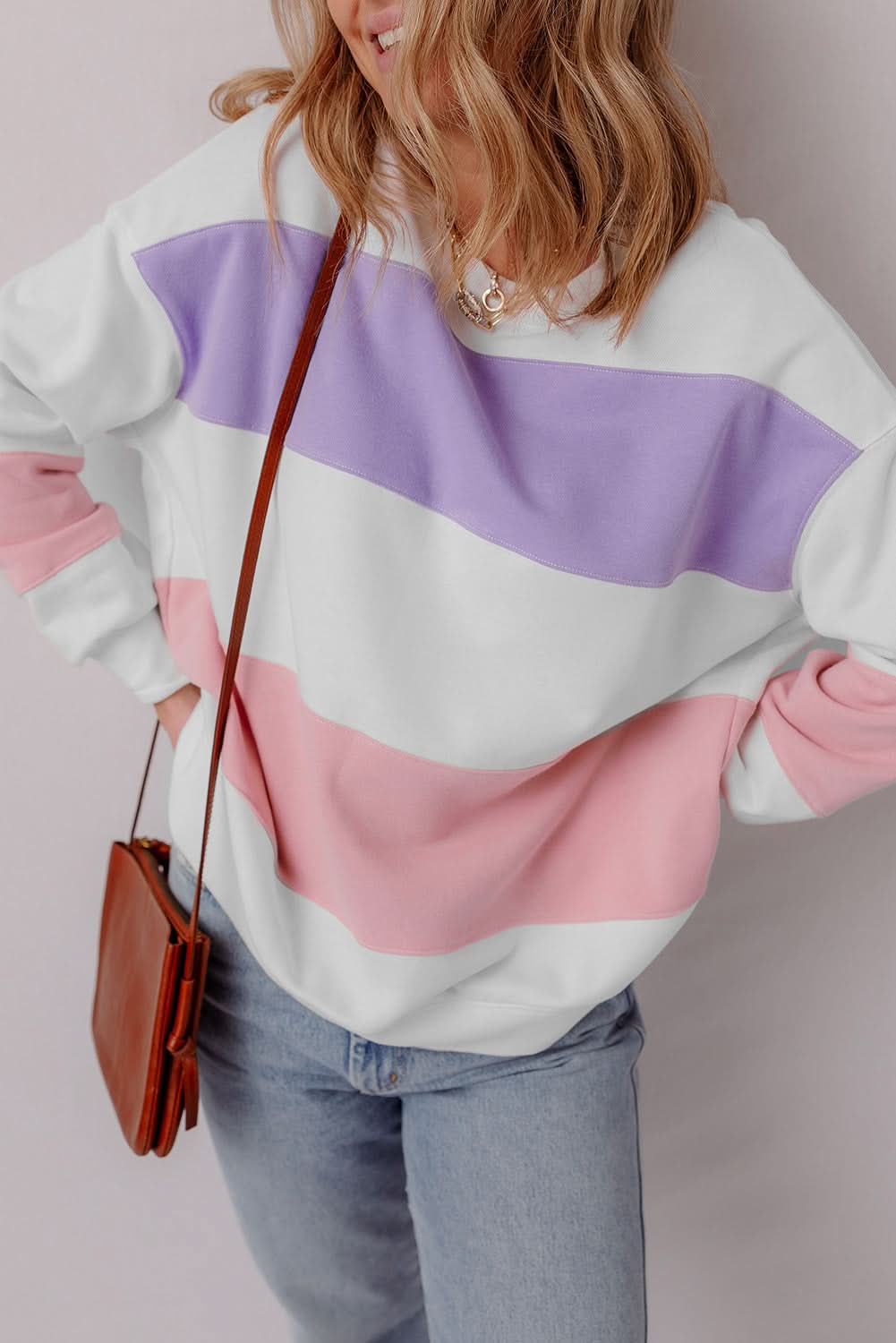 Beige Colorblock Patchwork Drop Shoulder Crewneck Sweatshirt - Love Salve
